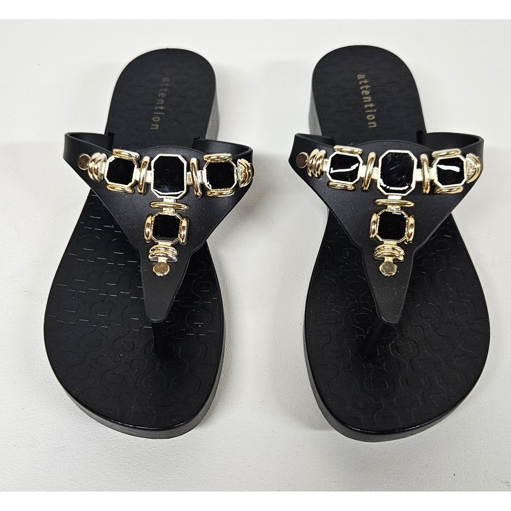 Attention Trinity Black Platform Flip Flop Sandals Gold Hardware Women 8 25MEX